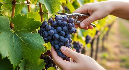 Hands Harvesting Ripe Grapes with Pruning Shears in Vineyard at Sunset