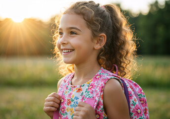Happy schoolgirl with a backpack smiling outdoors at sunset. Portrait of a cheerful elementary student with curly hair. Back to school and childhood education concept