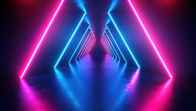 Vibrant neon blue and pink lights form an angular triangular pattern on the floor of a dark, futuristic corridor with reflective surfaces.