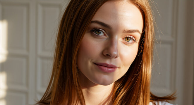 A close-up portrait of a young redhead woman with glowing skin. Natural beauty and skincare concept with a model showing unique heterochromia eyes