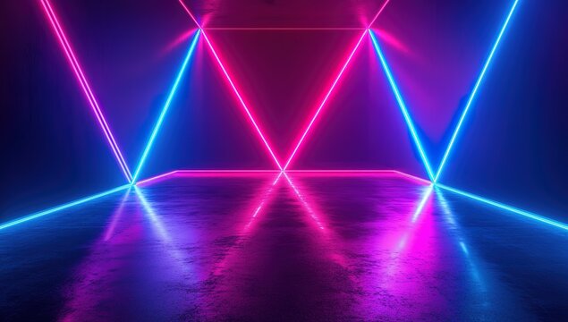Vibrant neon blue and pink lights form an angular triangular pattern on the floor of a dark, futuristic corridor with reflective surfaces.