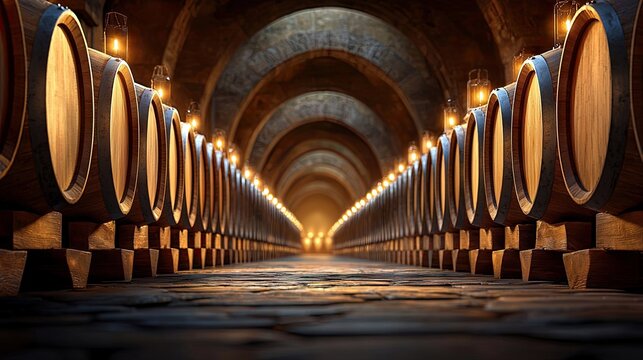 Rows of wooden wine barrels are stored in a dark, atmospheric cellar. The tunnel is lit by warm, glowing lanterns and strings of lights, creating a cozy and inv