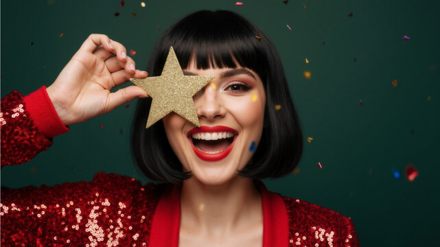 A happy woman in a red sequin jacket holds a gold glitter star over her eye while celebrating with falling confetti. Festive portrait on a green background for a party or holiday concept
