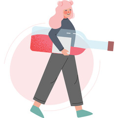 Smiling Young Woman With Pink Hair Carries Large Transparent Bottle Filled With Red Liquid And Ice Cubes Isolated On White Background Full Body Shot