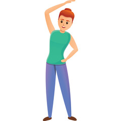 Smiling Young Woman with Auburn Hair in a Teal Sleeveless Top and Blue Pants Performing a Side Stretch with Her Right Arm Raised Against a Transparent Background