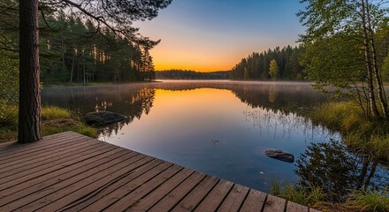 Experience breathtaking sunrise tranquility at a serene lake surrounded by lush forest from a rustic wooden pier, perfect for nature lovers and outdoor adventures