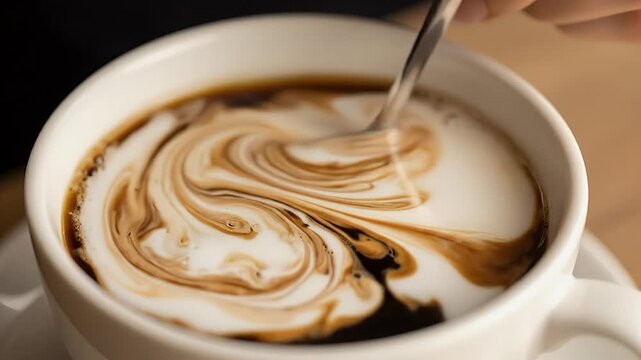 Close-up of a spoon stirring cream into a cup of hot coffee with a swirling pattern on the surface
