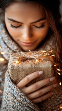 A young adult woman with her eyes closed, holding a small gift box wrapped in burlap and tied with twine. She is wearing a cozy, textured sweater and is surroun