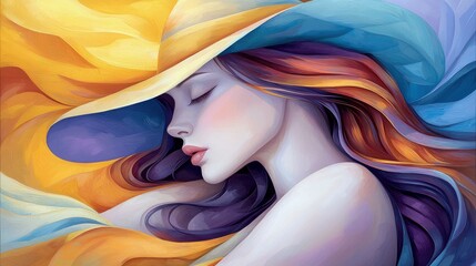 A stylized portrait of a woman wearing a wide-brimmed hat, her eyes closed in a peaceful expression. Her hair is depicted with vibrant, flowing colors against a