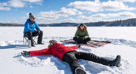 Happy friends relaxing on a snow-covered frozen lake. A woman makes a snow angel while her friends watch on a sunny day