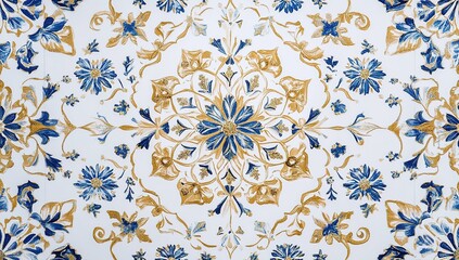 White background with gold and blue snowflakes, star-shaped pattern border frame.