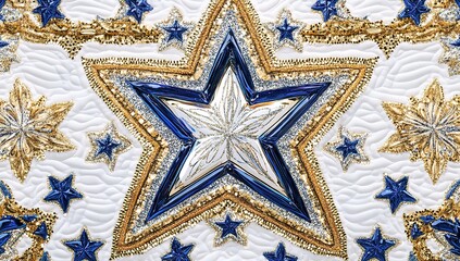 White background with gold and blue snowflakes, star-shaped pattern border frame.