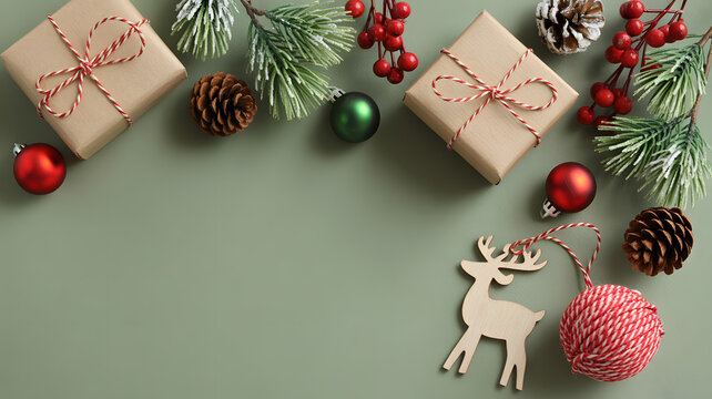 Top view of christmas holiday decoration flat lay with gift box, pine branch, reindeer ornament, and bauble on green background