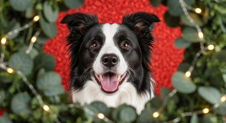 A festive close-up portrait of a happy border collie dog peeking through a christmas wreath. Adorable pet with holiday lights against a red glitter background
