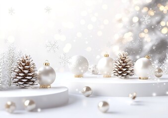 White Christmas tree decorations on white pedestals with snowflakes and bokeh lights in the background. White Christmas decorations, golden pine cones, pearls, balls, snowflakes, and falling snow