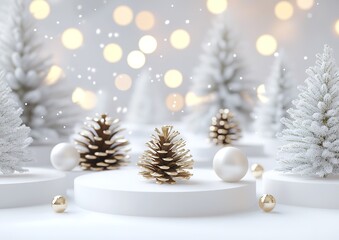White Christmas tree decorations on white pedestals with snowflakes and bokeh lights in the background. White Christmas decorations, golden pine cones, pearls, balls, snowflakes, and falling snow