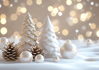 White Christmas tree decorations on white pedestals with snowflakes and bokeh lights in the background. White Christmas decorations, golden pine cones, pearls, balls, snowflakes, and falling snow