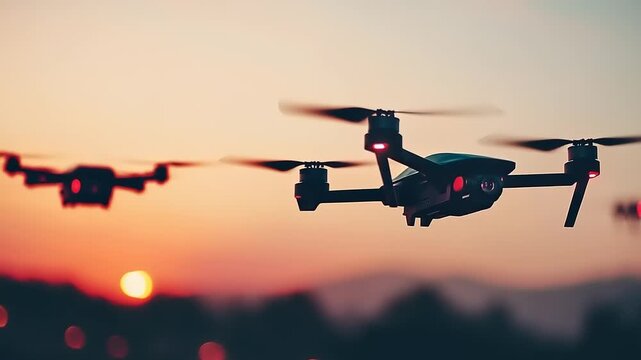 Drones in formation against a colorful sunset, showcasing advanced aerial technology, remote sensing capabilities, and the future of unmanned flight for various applications