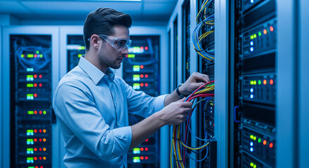 Male network technician in glasses organizing colorful ethernet cables in data center server rack