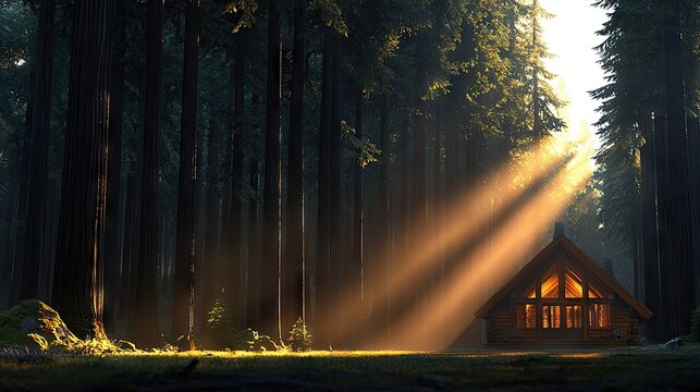 A small wooden cabin nestled among tall redwood trees. Dramatic sunbeams pierce the forest canopy, illuminating the scene with a warm, golden light.