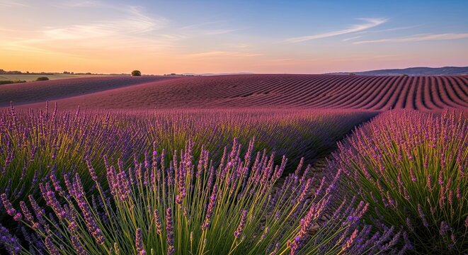 Dreamy lavender fields stretch to the horizon under a pastel sunset, a peaceful scene perfect for wellness brands and promoting relaxation or a summer getaway