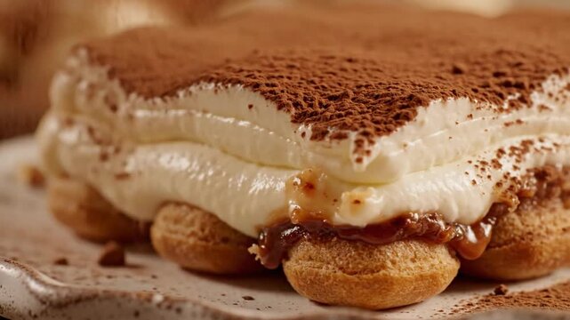 A close-up view of a tiramisu dessert with layers of cream, espresso, and cocoa powder