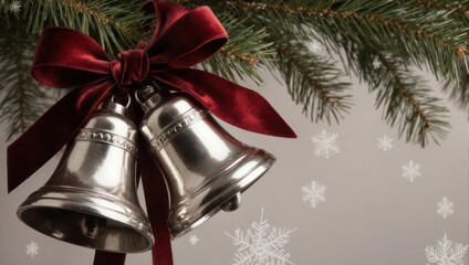 Two silver bells with a deep red bow and festive greenery, snowflakes in the background