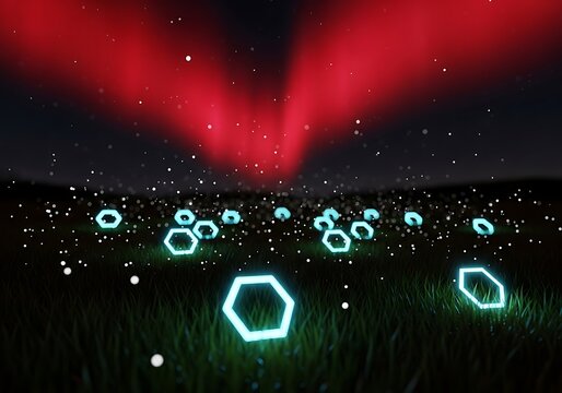 Mystical landscape with glowing shapes under red aurora sky background
