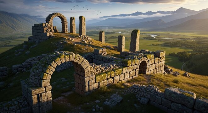 Explore ancient ruins atop a rolling hill with stunning mountain views and a river winding through the valley, perfect for travel blogs and historical documentaries