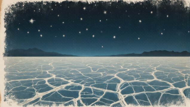 Night landscape a cracked ice expanse under a starry sky, with distant mountains