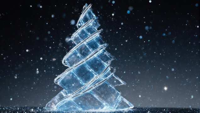 Icy, artistic rendition of a Christmas tree with a spiral design, amid falling sparkles