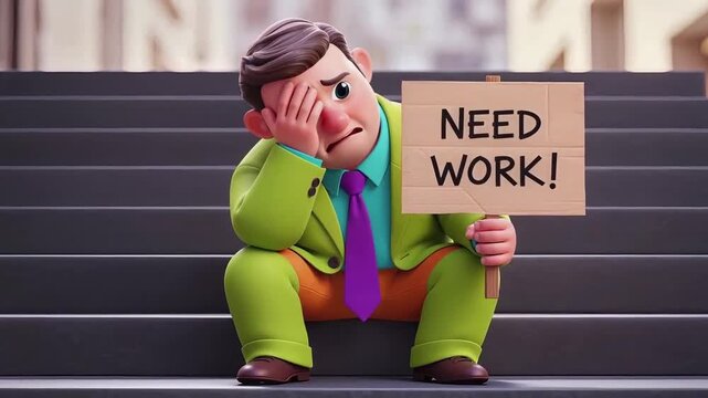 A dejected 3D animated businessman sits on urban steps, holding a 'NEED WORK!' sign, symbolizing the widespread struggle of unemployment and the urgent quest for a new job