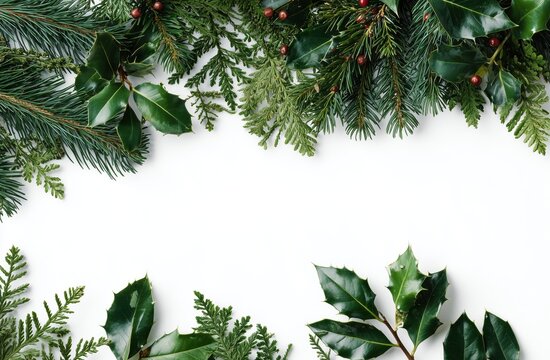 festive winter greenery border with pine, cypress, and holly leaves on a white background christmas tree branches and mistletoe for decoration in a holiday card banner template Generative AI - Powered by Adobe
