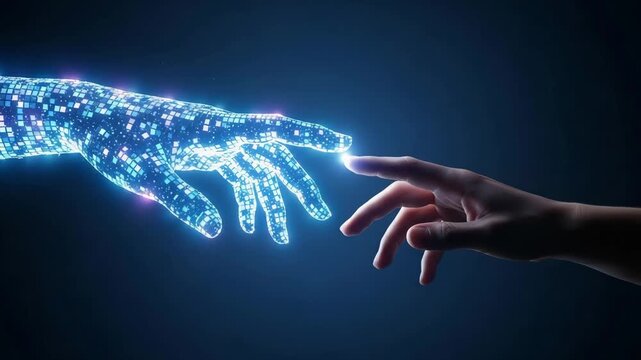 Futuristic digital hand reaches out to human touch creating connection and innovation