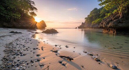 Stunning tropical sunrise over calm beach waters surrounded by lush cliffs, evoking peace and tranquility for travel inspiration or serene coastal designs
