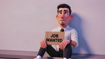 A worried 3D animated man sits on the floor holding a 'JOB WANTED' sign, reflecting the global issue of unemployment and economic hardship