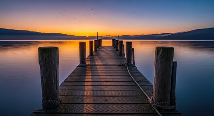 Stunning sunrise over tranquil lake featuring wooden pier stretching into calm water with distant mountains, promoting peace and serenity for travel and nature themes