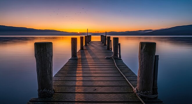 Stunning sunrise over tranquil lake featuring wooden pier stretching into calm water with distant mountains, promoting peace and serenity for travel and nature themes