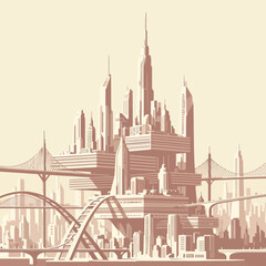Fototapeta premium Futuristic Cityscape Illustration with Towering Structures and Elevated Bridges.
