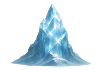 Ice crystal mountain peak with glowing facets, symbolizing winter, magic, fantasy, and cold environments, featuring a transparent background