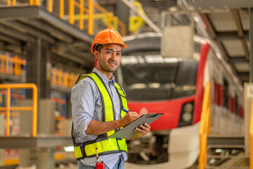 Electric train technician engineer checking controls system for security functions in maintenance...