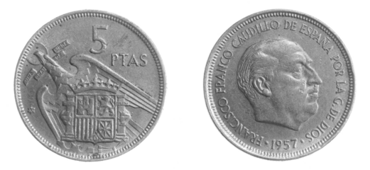 Spain five ptas coin on white isolated background