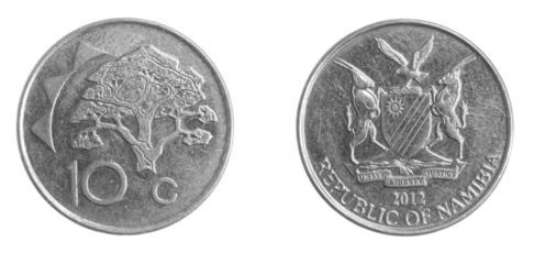 Namibia ten cents coin on white isolated background