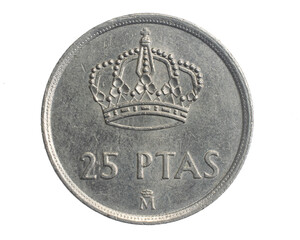 Spain twenty five ptas coin on white isolated background