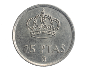 Spain twenty five ptas coin on white isolated background