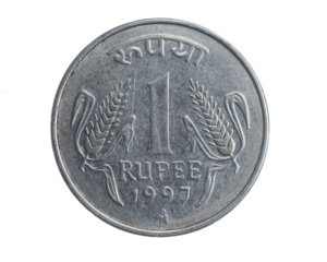 India one rupee coin on a white isolated background