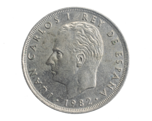 Spain twenty five ptas coin on white isolated background