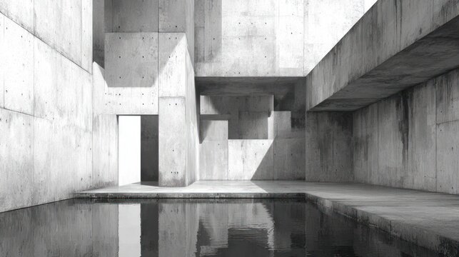 Modern architectural interior of concrete blocks with water and light reflections