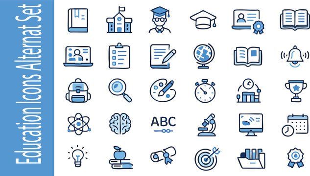 Education Icons Set: A comprehensive collection of modern icons representing various aspects of education, including academics, technology, and learning tools. These icons are in a clean.