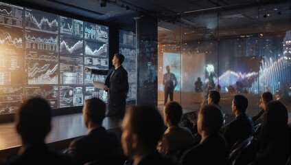 Obraz premium Business Presentation with Data Visualization on Large Screens.